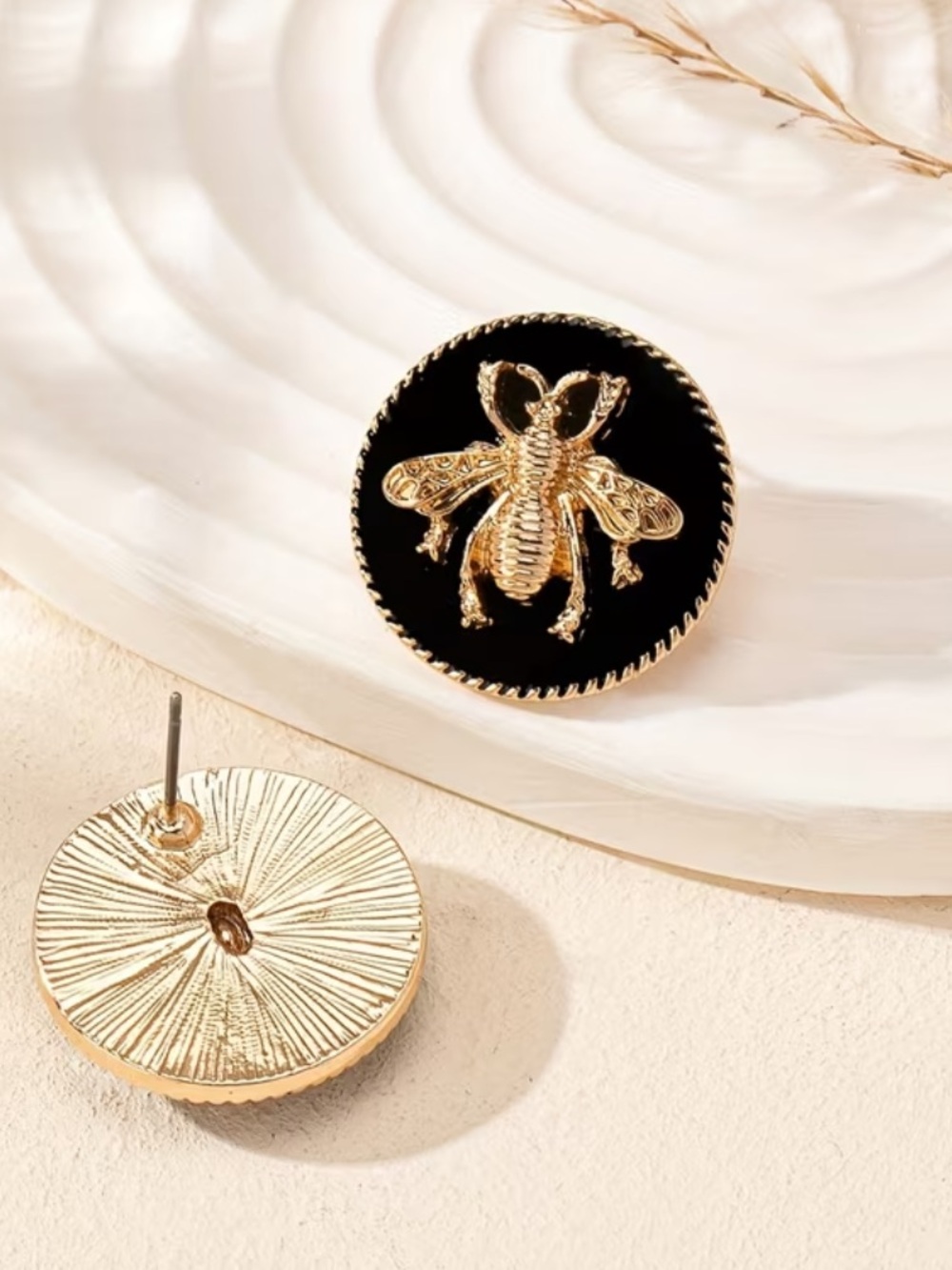 Gold Bee Button Stud Earrings with  BLACK Enamel